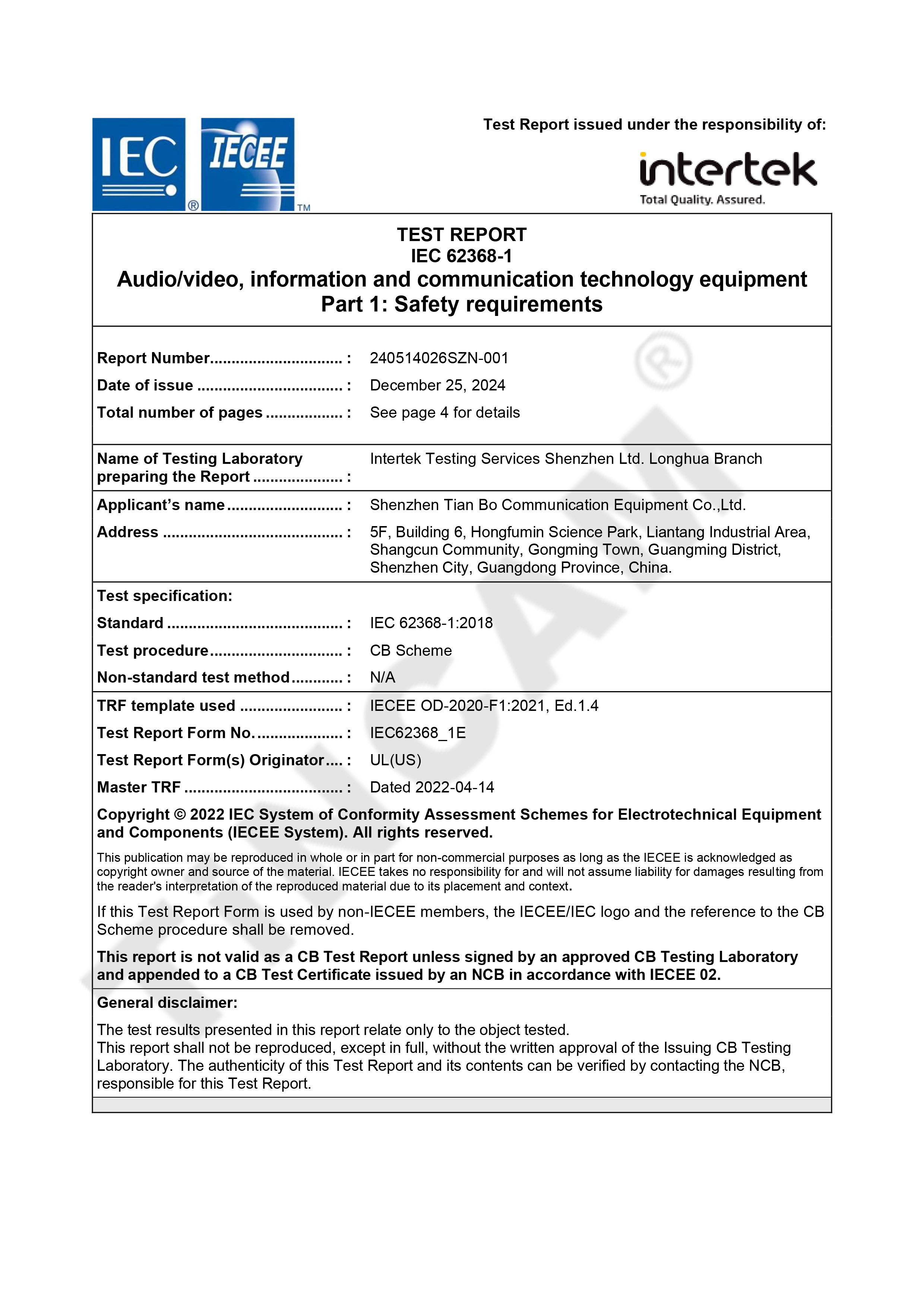 CB TEST REPORT IEC 62368-1