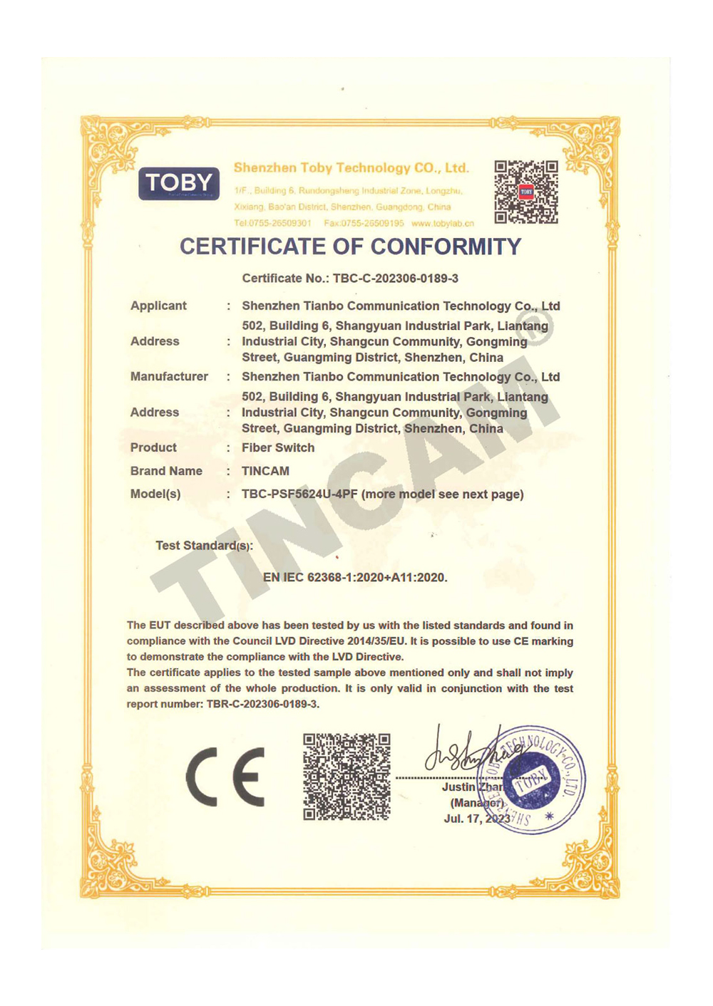 CE-LVD Certificate